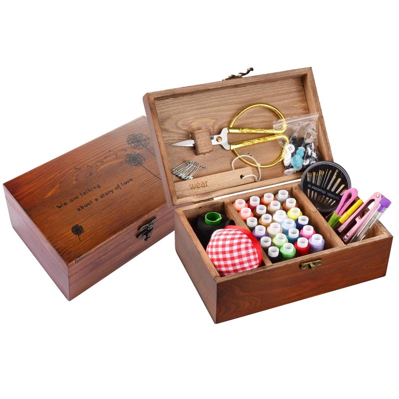 BTU Sewing Kit, Wooden Sewing Kit Box for Adults, Wooden Sewing Basket with Accessories, Home Sewing Basket Stitching Repair Kit for Beginner, Women, Men,Vintage Embroidery Scissors Kit (Retro Brown) - Image 1